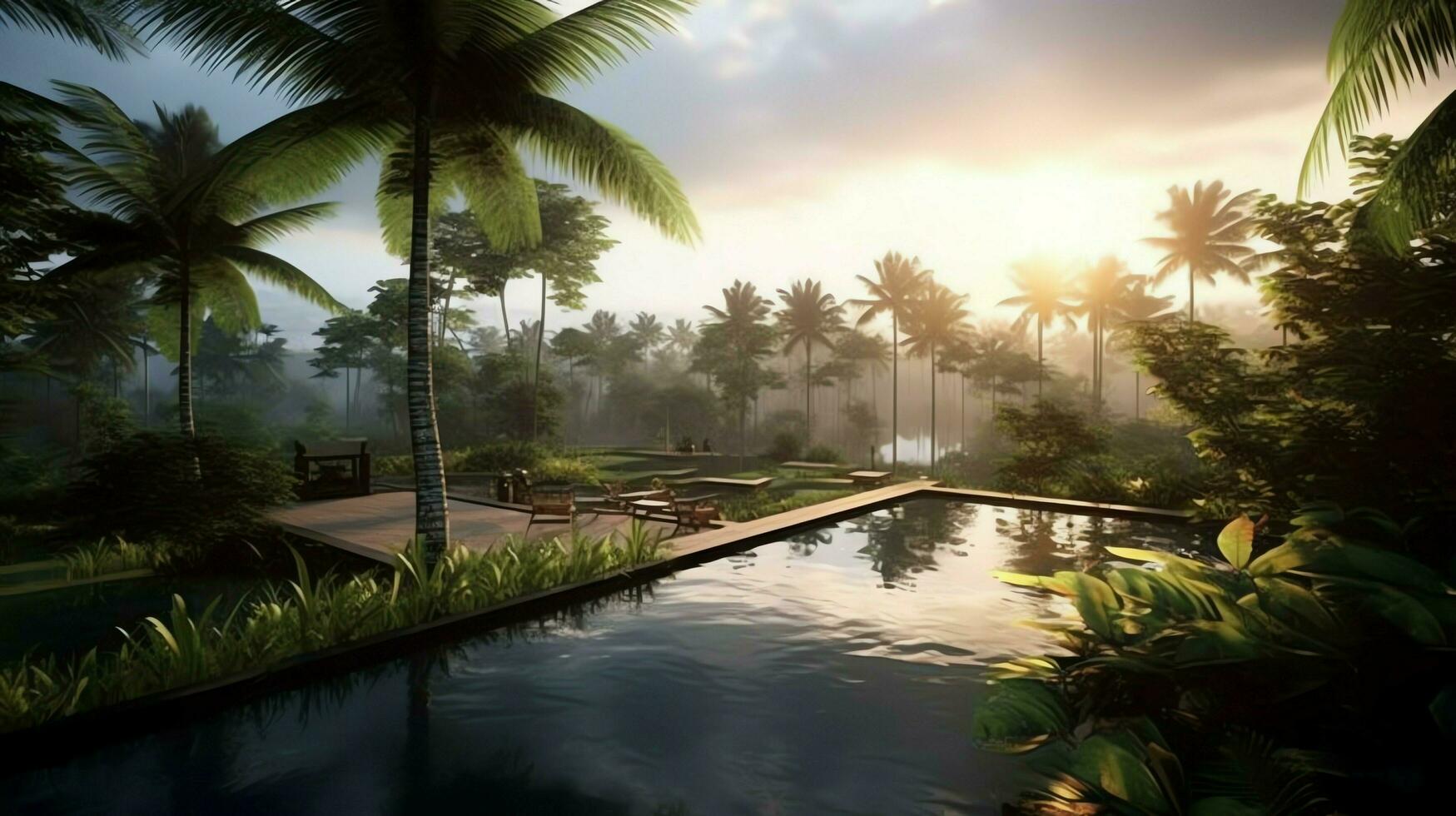 tailandese balinese lusso villa con infinito nuoto piscina. un' tropicale giardino nel ubud bali Indonesia concetto di ai generato foto