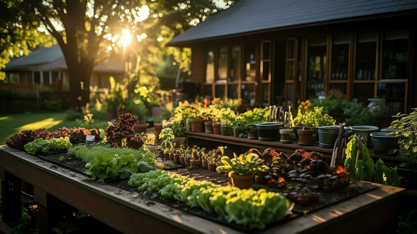 di legno Casa nel villaggio con impianti e fiori nel Giardino dietro la casa giardino. giardino e fiore su rurale Casa concetto di ai generato foto