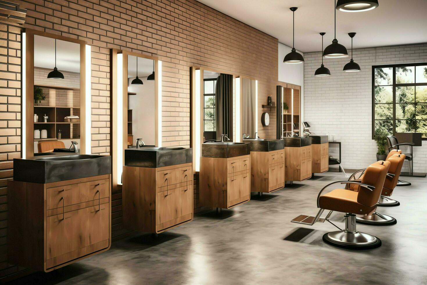 moderno barbiere interno con specchi sedia e altro attrezzatura vicino finestre. sedie nel barbiere concetto di ai generato foto