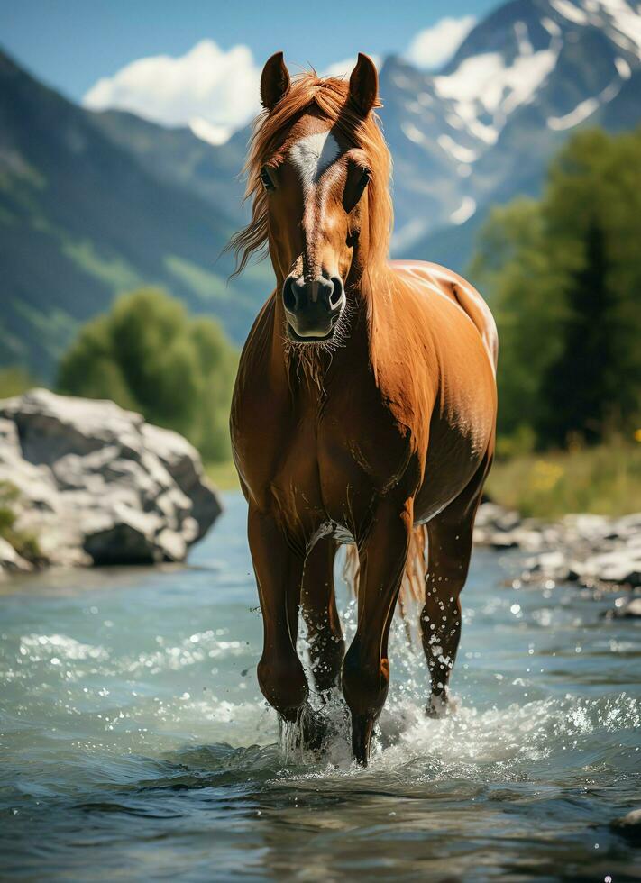 un' selvaggio cavallo in esecuzione nel il torrente. selvaggio o azienda agricola animali concetto di ai generato foto