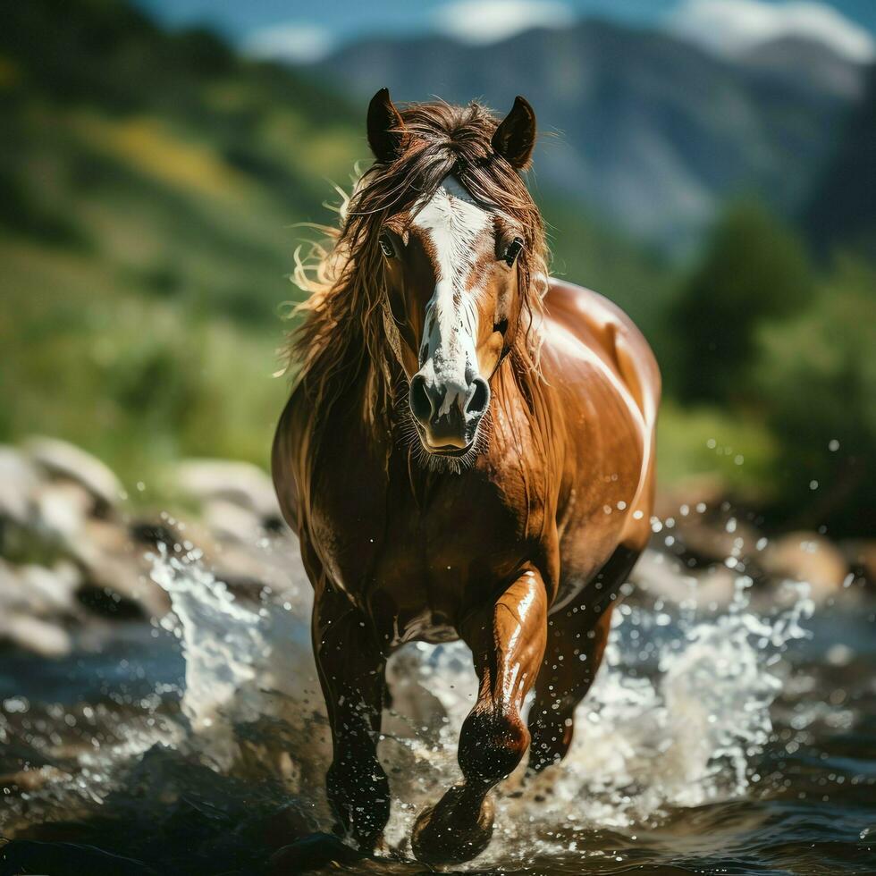 un' selvaggio cavallo in esecuzione nel il torrente. selvaggio o azienda agricola animali concetto di ai generato foto