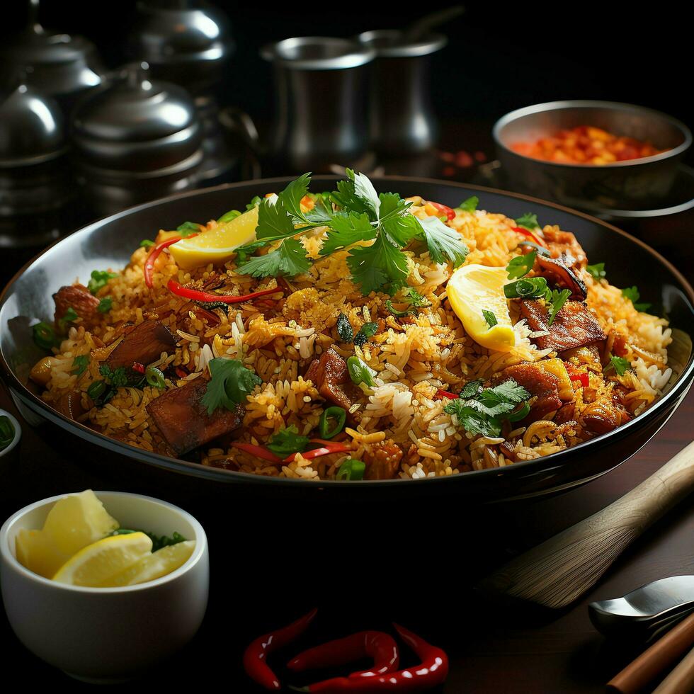 nasi goreng indonesiano tradizionale cibo. fritte riso pollo con uova e speziato spezie di frittura concetto di ai generato foto