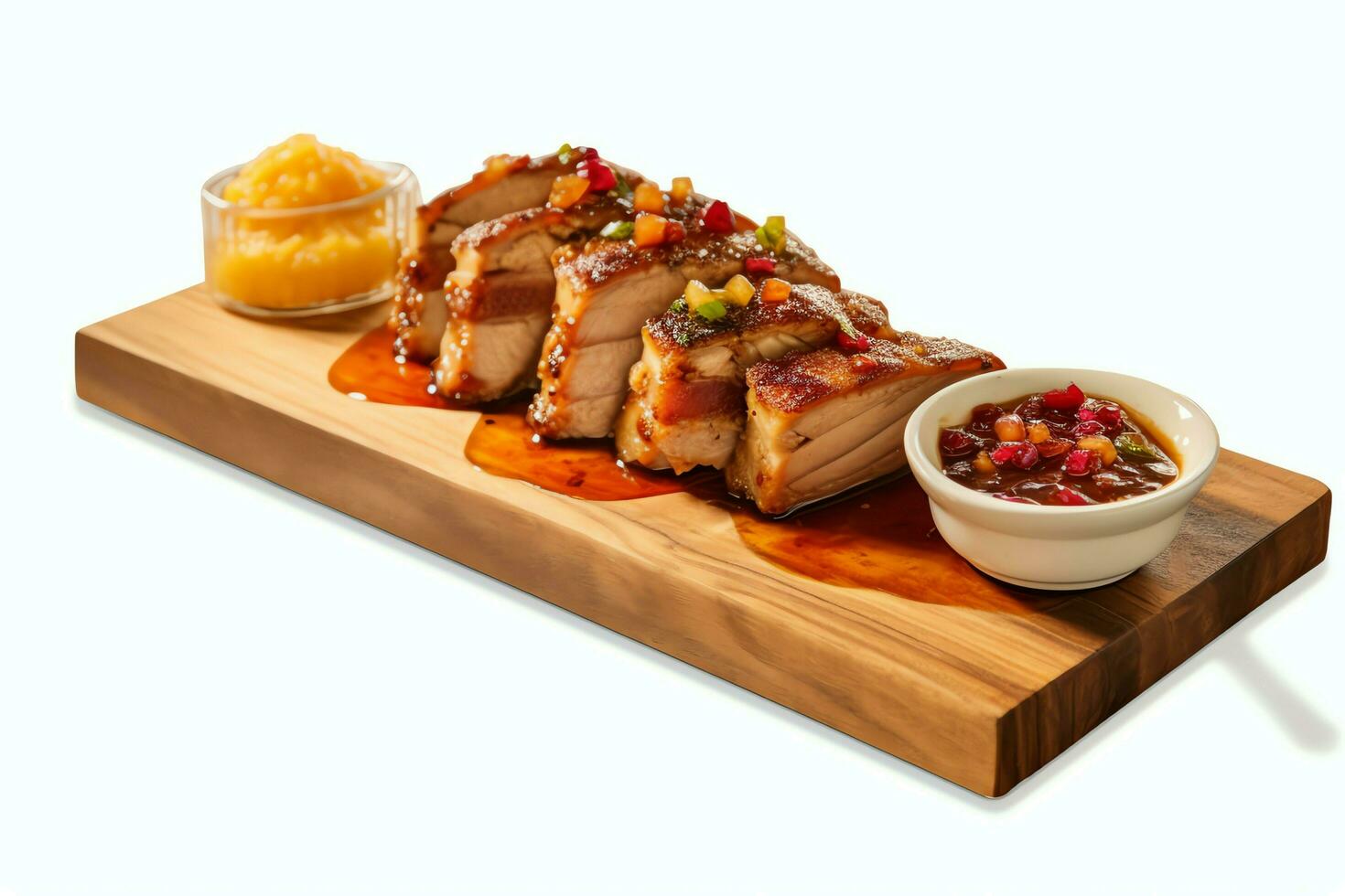 Maiale pancia braaivleis con Mango e chili salsa servito su un' di legno tavola. ristorante cibo concetto di ai generato foto