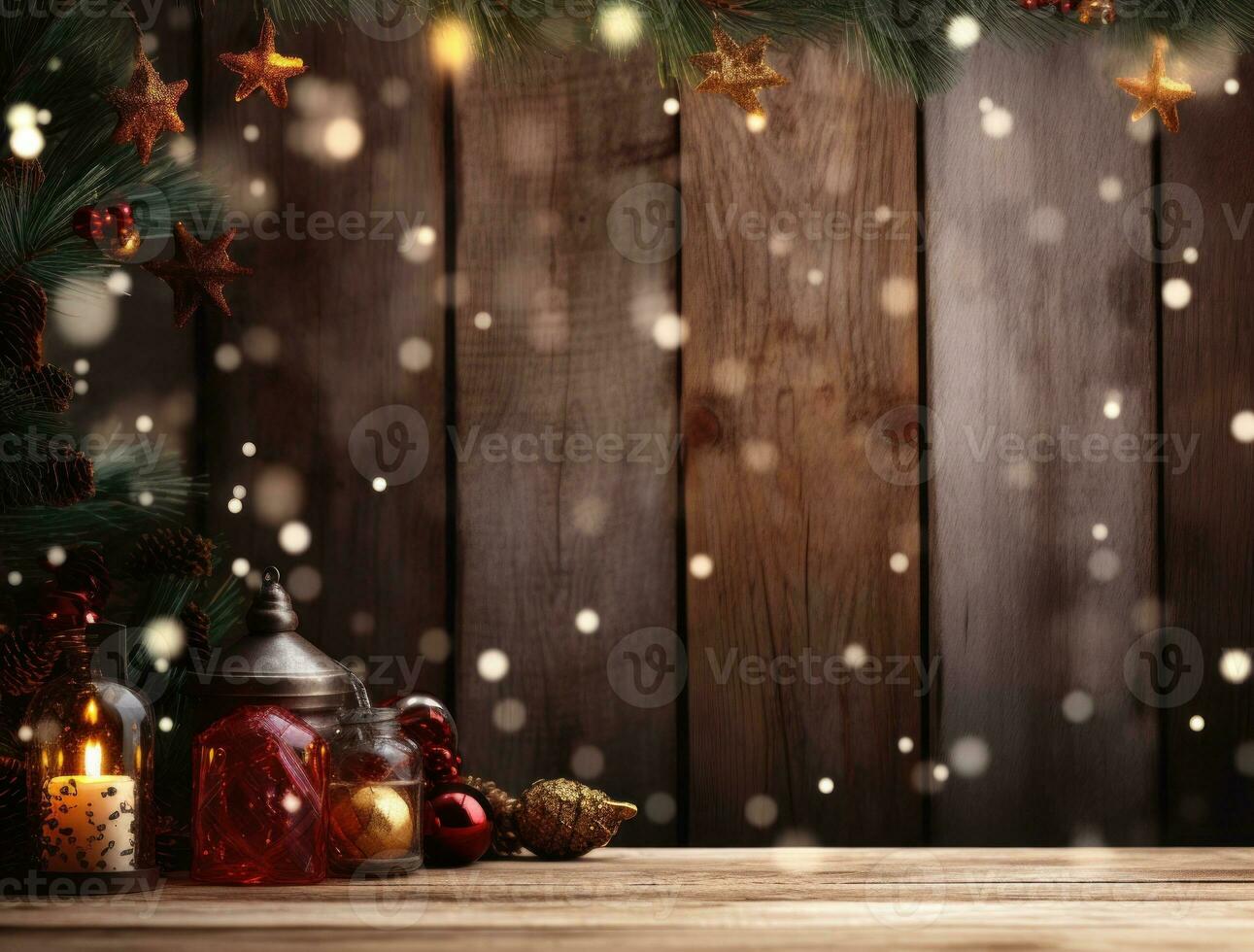 di legno Natale sfondo con luci foto