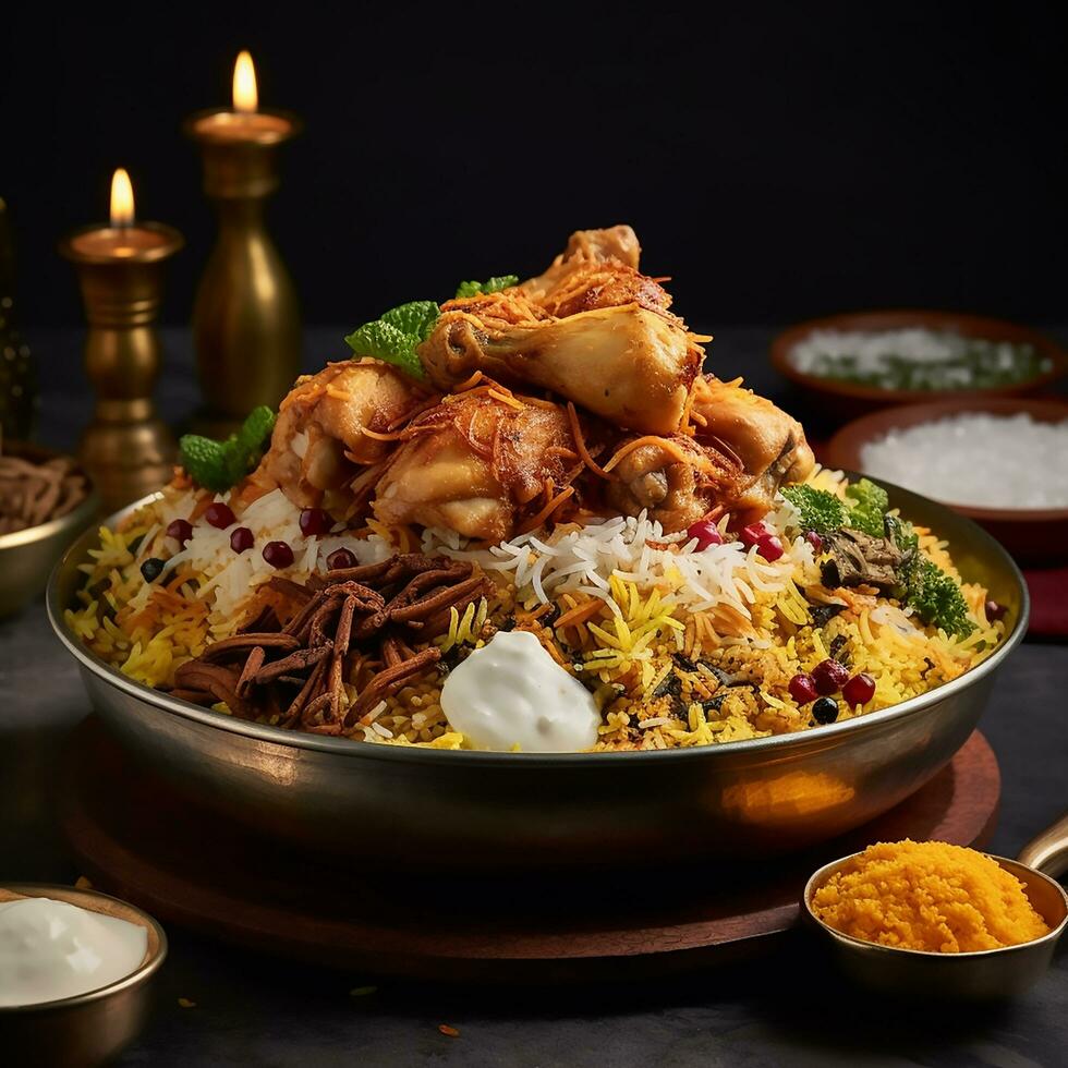 dum Handi pollo biryani è preparato nel un terroso o argilla pentola chiamato haandi. popolare indiano non vegetariano cibo foto