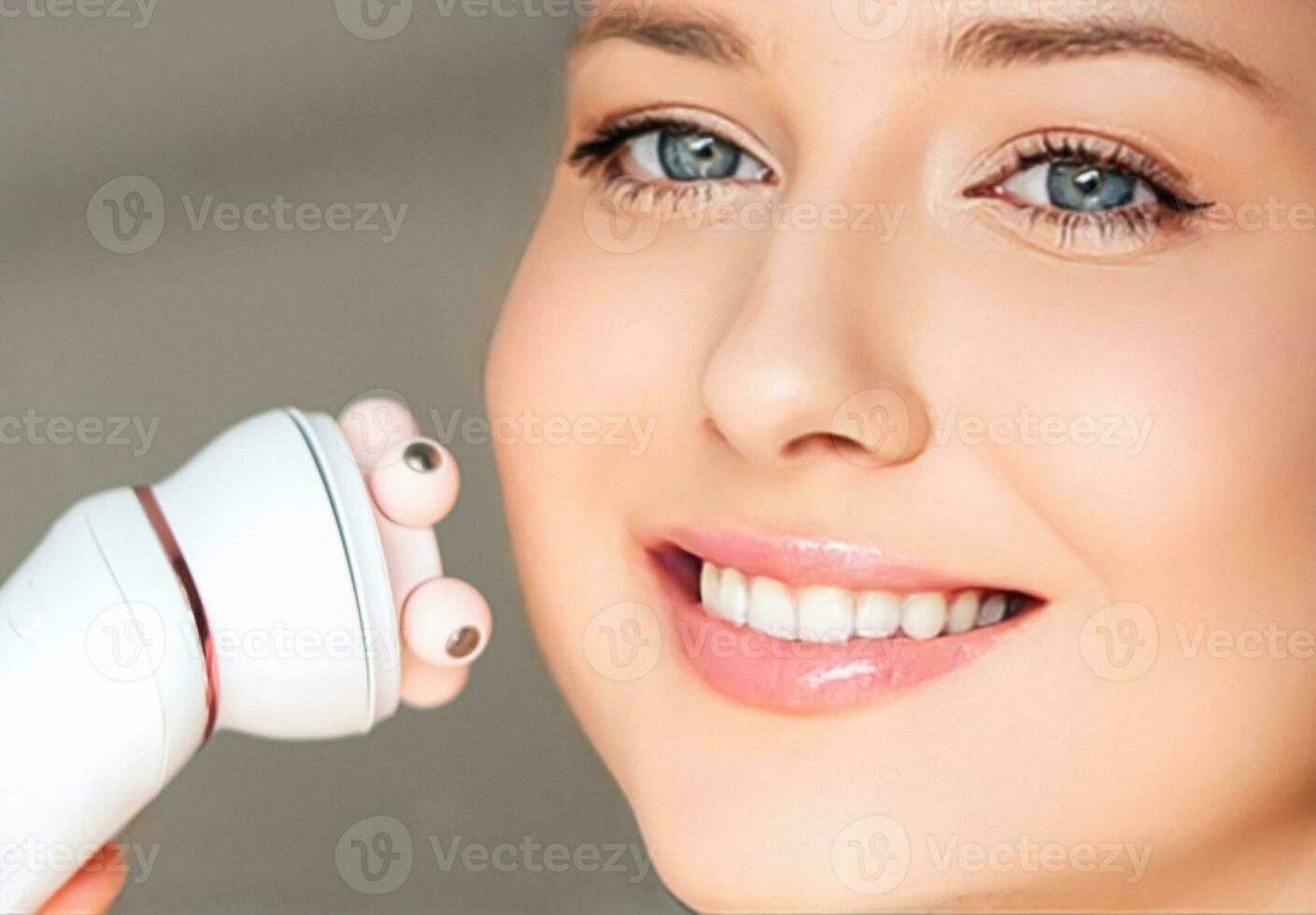 anti età cosmetologia e bellezza trattamento Prodotto, donna utilizzando viso contorno massaggio rullo dispositivo come lifting procedura e cura della pelle routine foto