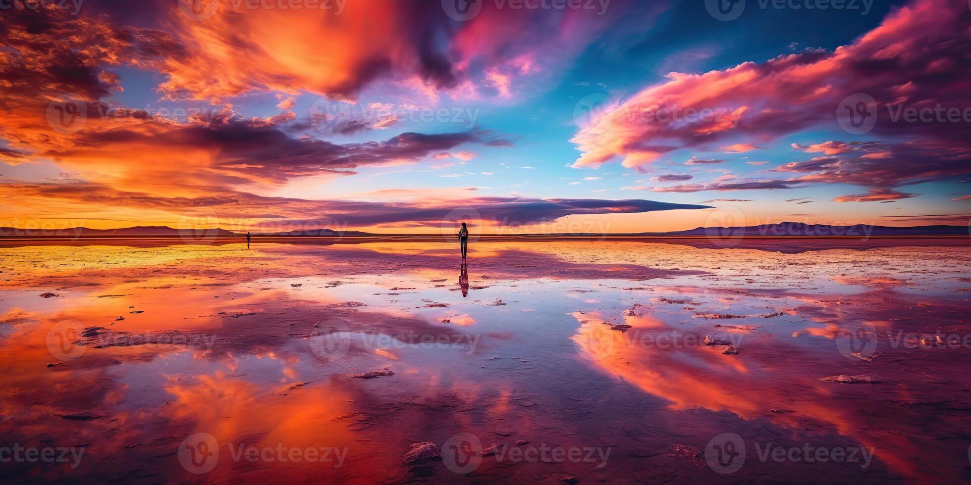 ai generato. ai generativo. Bolivia sale lago. rosa nuvole riflettere su acqua lago superficie. avventura viaggio vacanza all'aperto natura vibrazione. grafico arte foto