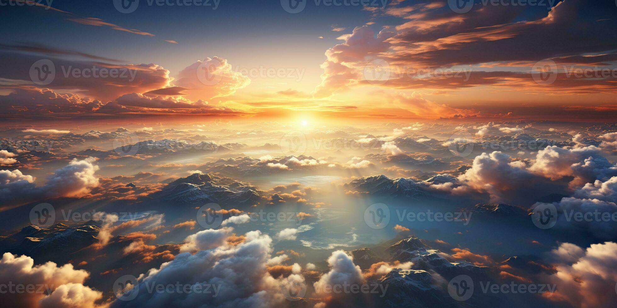 ai generato. ai generativo. aria fuco aereo Visualizza Cloudscape paesaggio natura all'aperto volare a partire dal sopra terra nuvole sole raggi di sole. grafico arte foto