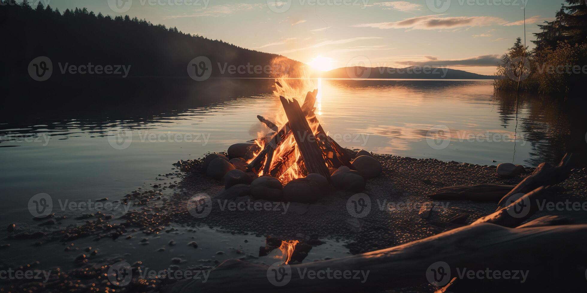 ai generato. ai generativo. all'aperto natura selvaggio paesaggio falò fuoco di bivacco campo fiamma rilassare freddo lago spiaggia lato. avventura viaggio rilassare vibrazione. grafico arte foto