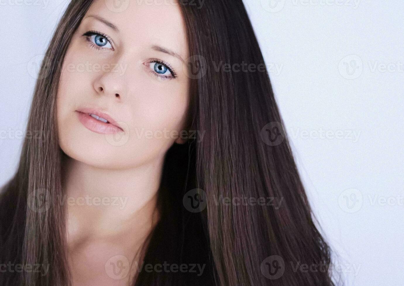 bellezza, acconciatura e naturale trucco Guarda. bellissimo donna con lungo dritto capelli, impeccabile pelle e biologico cosmetico trucco, ritratto con morbido messa a fuoco e retrò film grano effetto foto