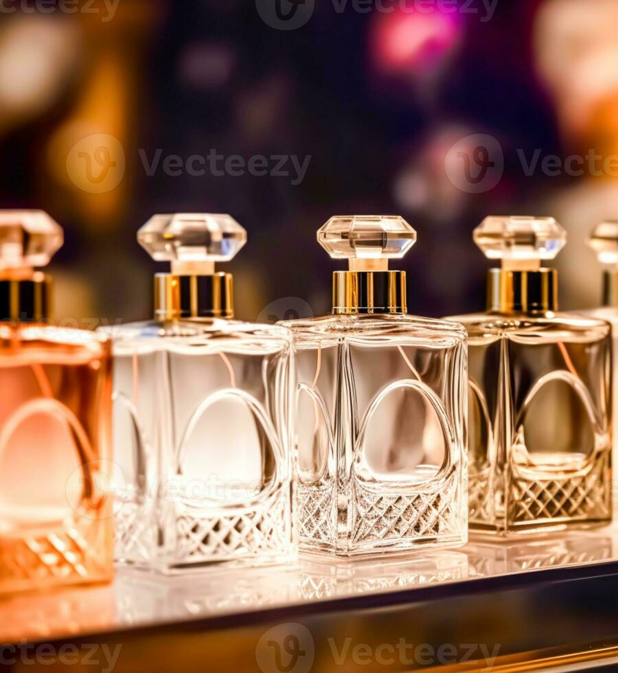 lusso fragranza bottiglie a profumo profumo a presentazione evento, su misura profumeria e bellezza Prodotto saldi, generativo ai foto