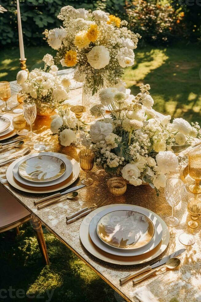 vacanza tavolozza, d'oro formale cena tavolo ambientazione, tavolo fuga con oro decorazione per nozze festa e evento celebrazione, generativo ai foto