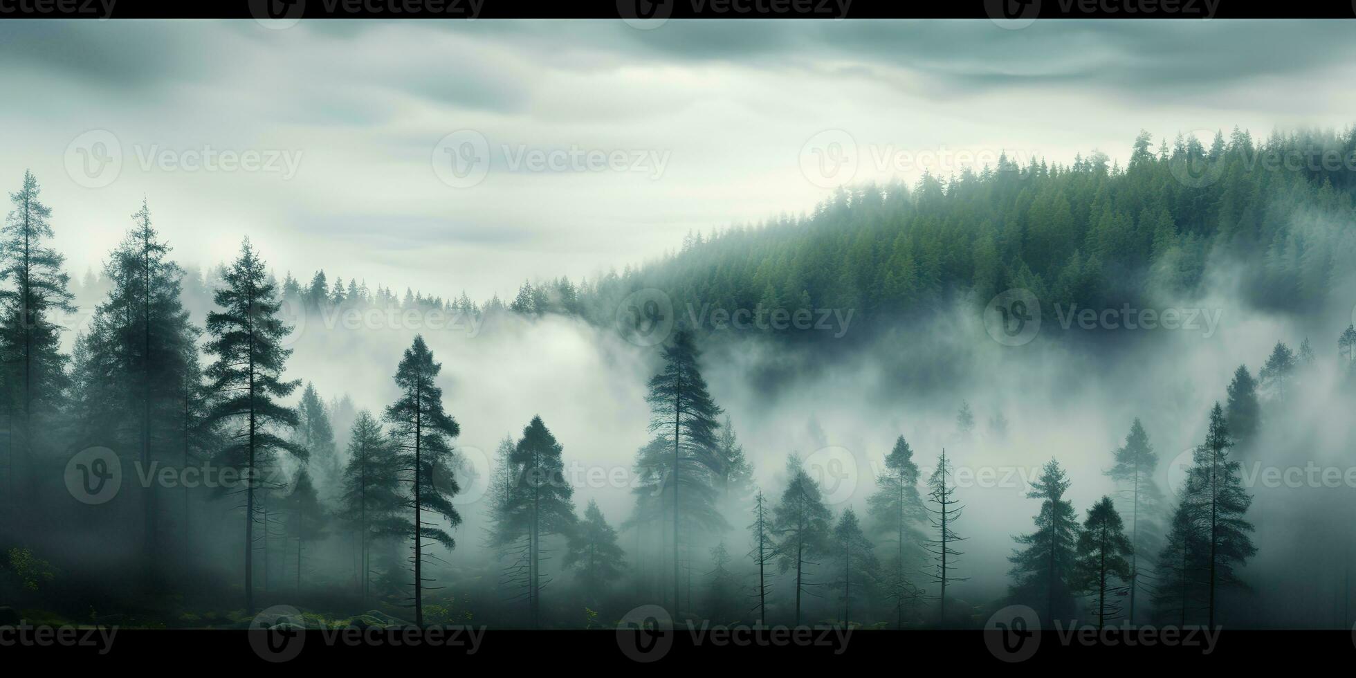 ai generato. ai generativo. avventura all'aperto natura nebbia nebbia nuvole foresta alberi paesaggio sfondo selvaggio Esplorare. grafico arte foto