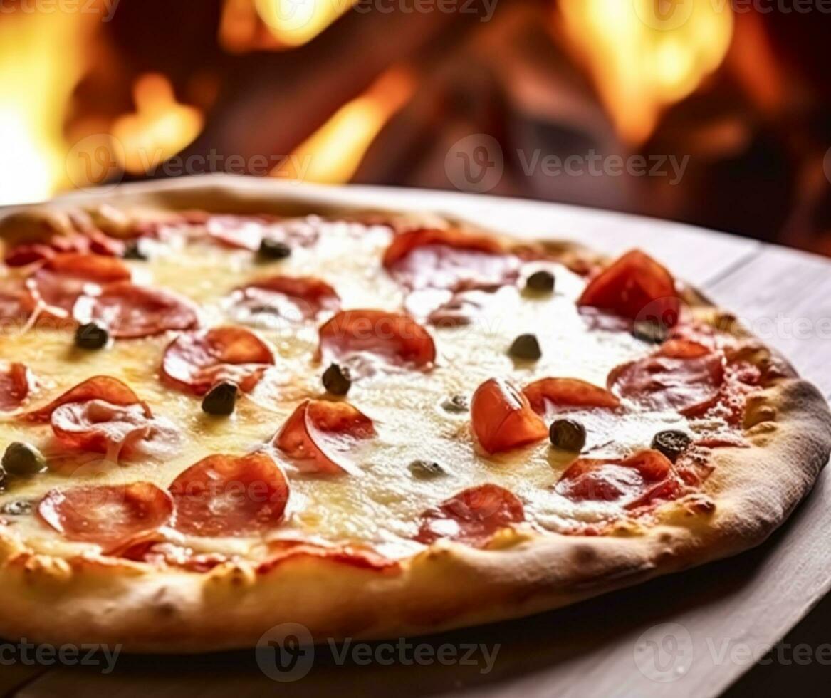 Pizza capricciosa fatti in casa con fuoco nel il forno, in linea consegna a partire dal pizzeria, prendere lontano e italiano veloce cibo, generativo ai foto