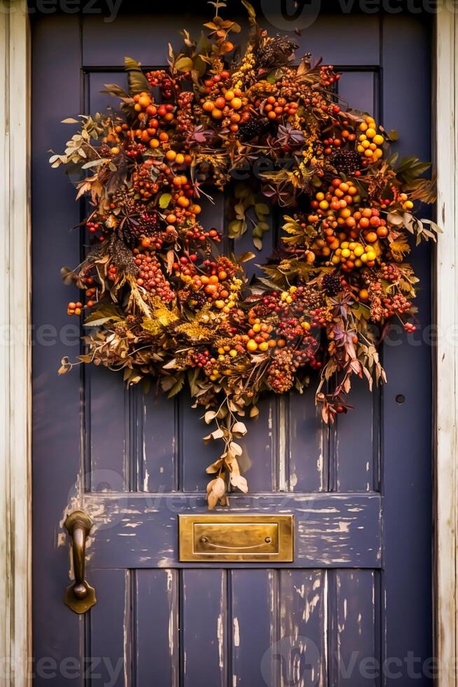 autunno ghirlanda decorazione su un' classico porta Entrata, accogliente  autunno vacanza stagione con autunnale decorazioni, generativo ai 26541835  Stock Photo su Vecteezy