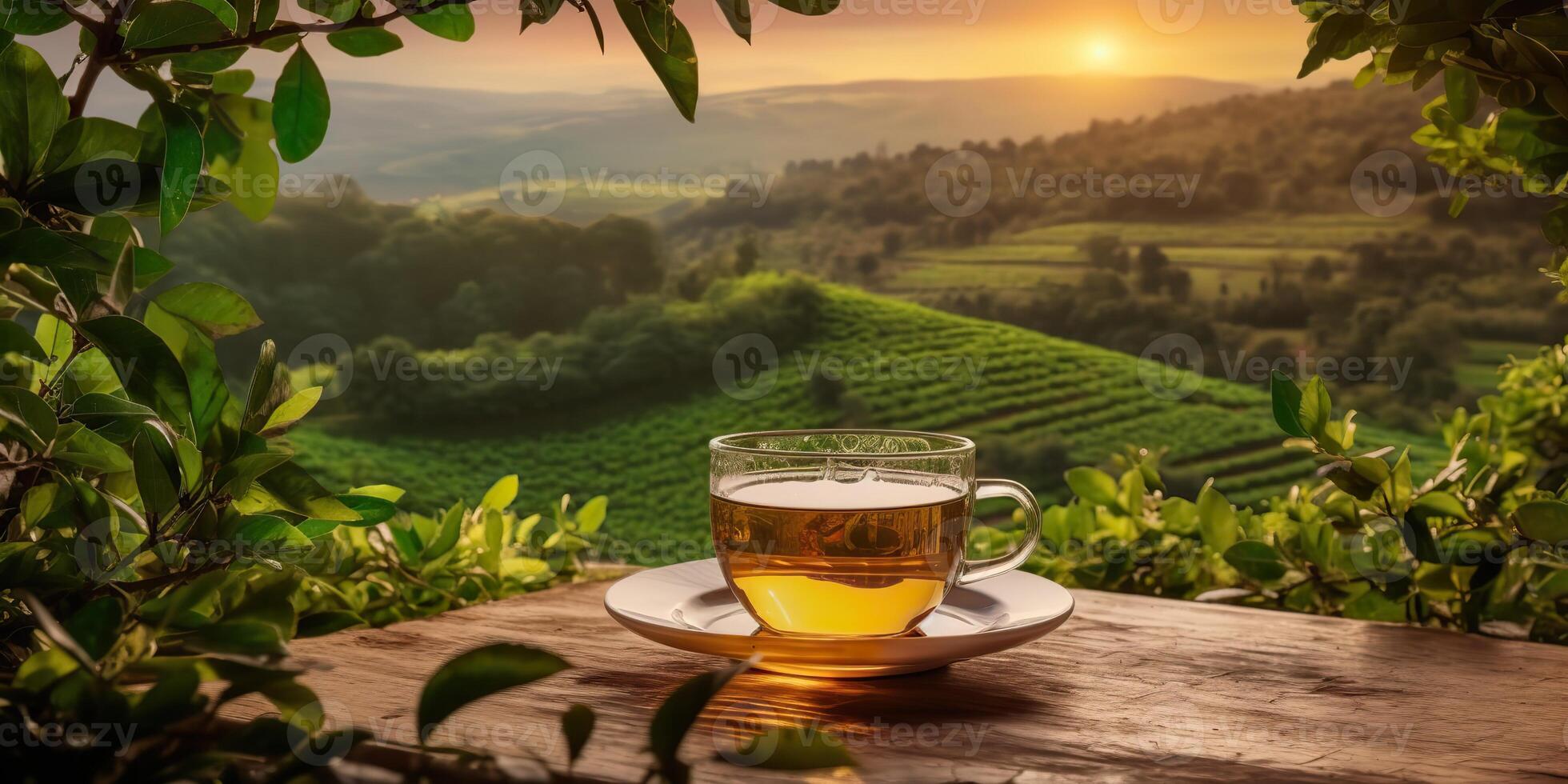 ai generato. ai generativo. tazza di verde tè con campo verde piantagione montagna sfondo scena. grafico arte foto