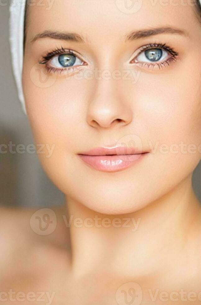 pelle cura e bellezza routine, bellissimo donna con bianca asciugamano avvolto in giro testa, cura della pelle cosmetici e viso cosmetologia foto