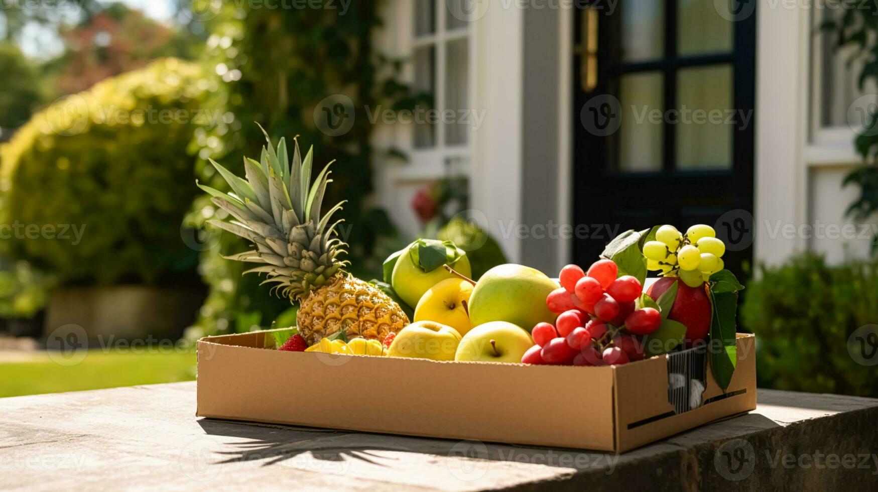 cibo consegna, postale servizio e in linea drogheria acquisti, frutta scatola con fresco biologico frutta a partire dal un' Locale azienda agricola su un' Casa gradino della porta nel il campagna, generativo ai foto