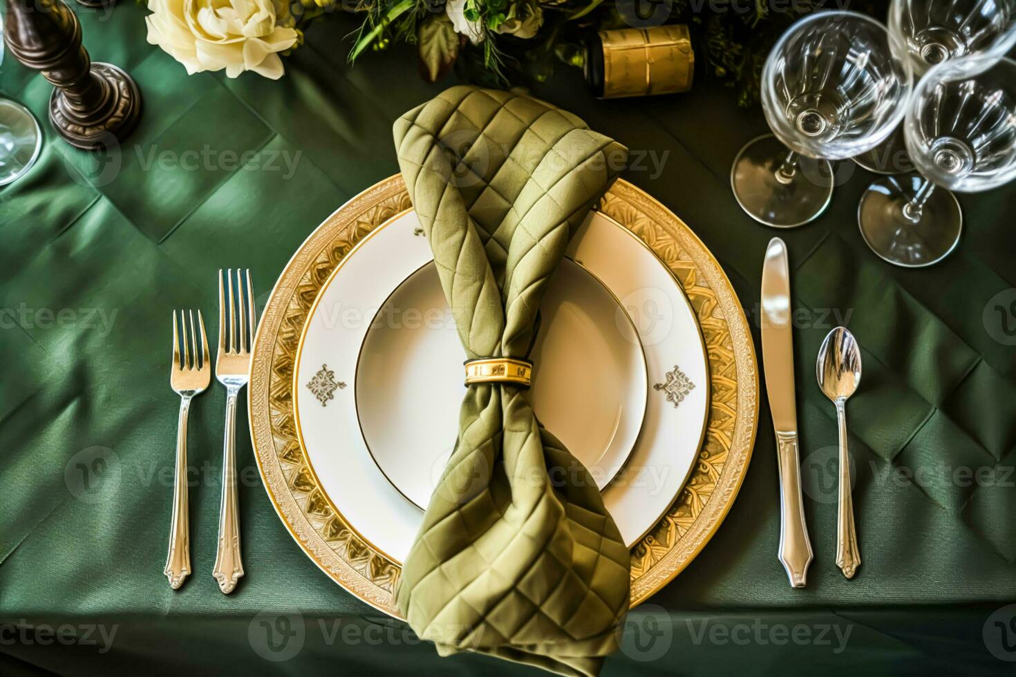 elegante cena tavolo ambientazione preparativi nel inglese nazione stile come flatlay tavolozza, piegato tovagliolo su un' servendo piatto, vasellame e vacanza tavolo arredamento, generativo ai foto