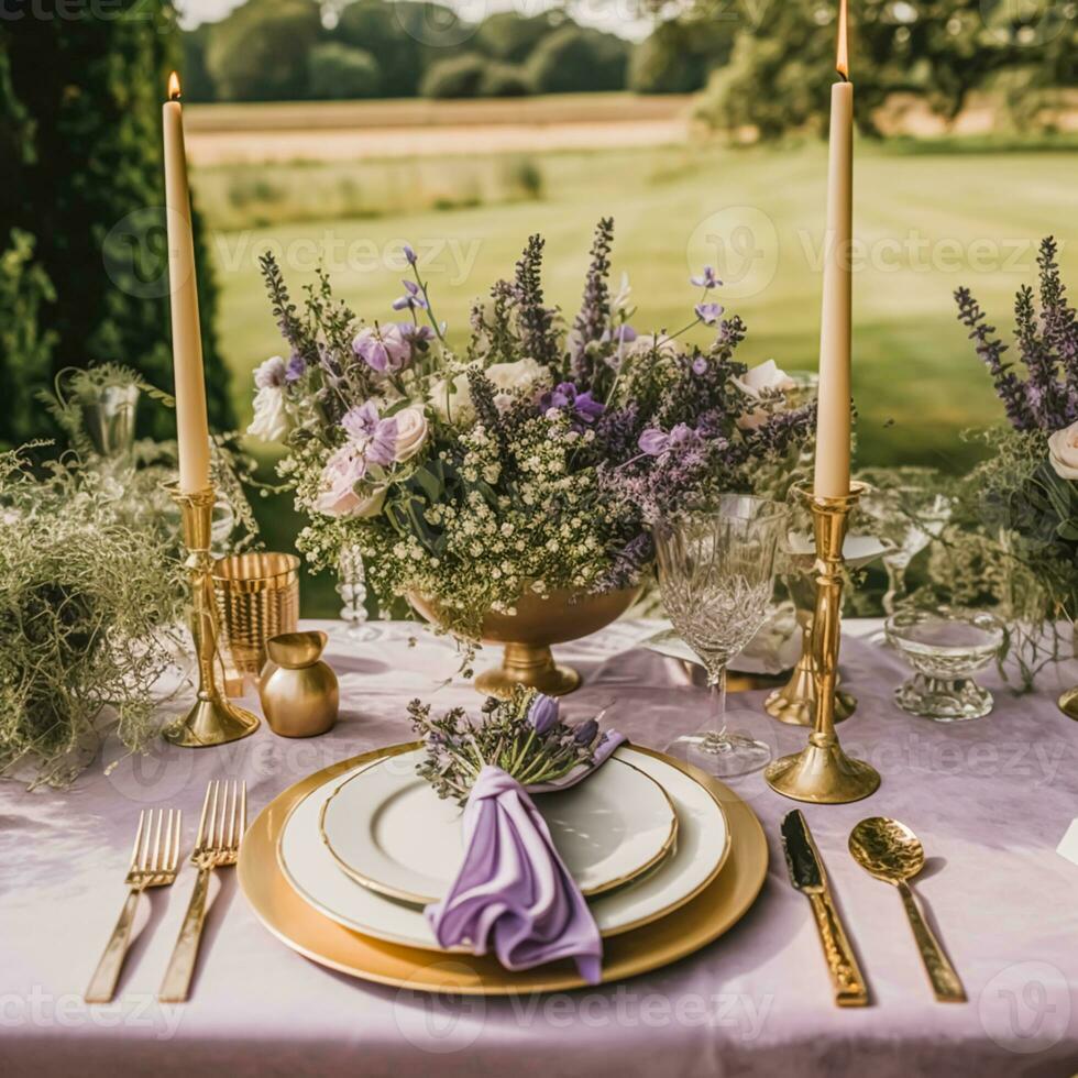 nozze tavolozza, elegante formale cena tavolo ambientazione, tavolo fuga con lavanda decorazione per vacanza festa evento celebrazione, generativo ai foto