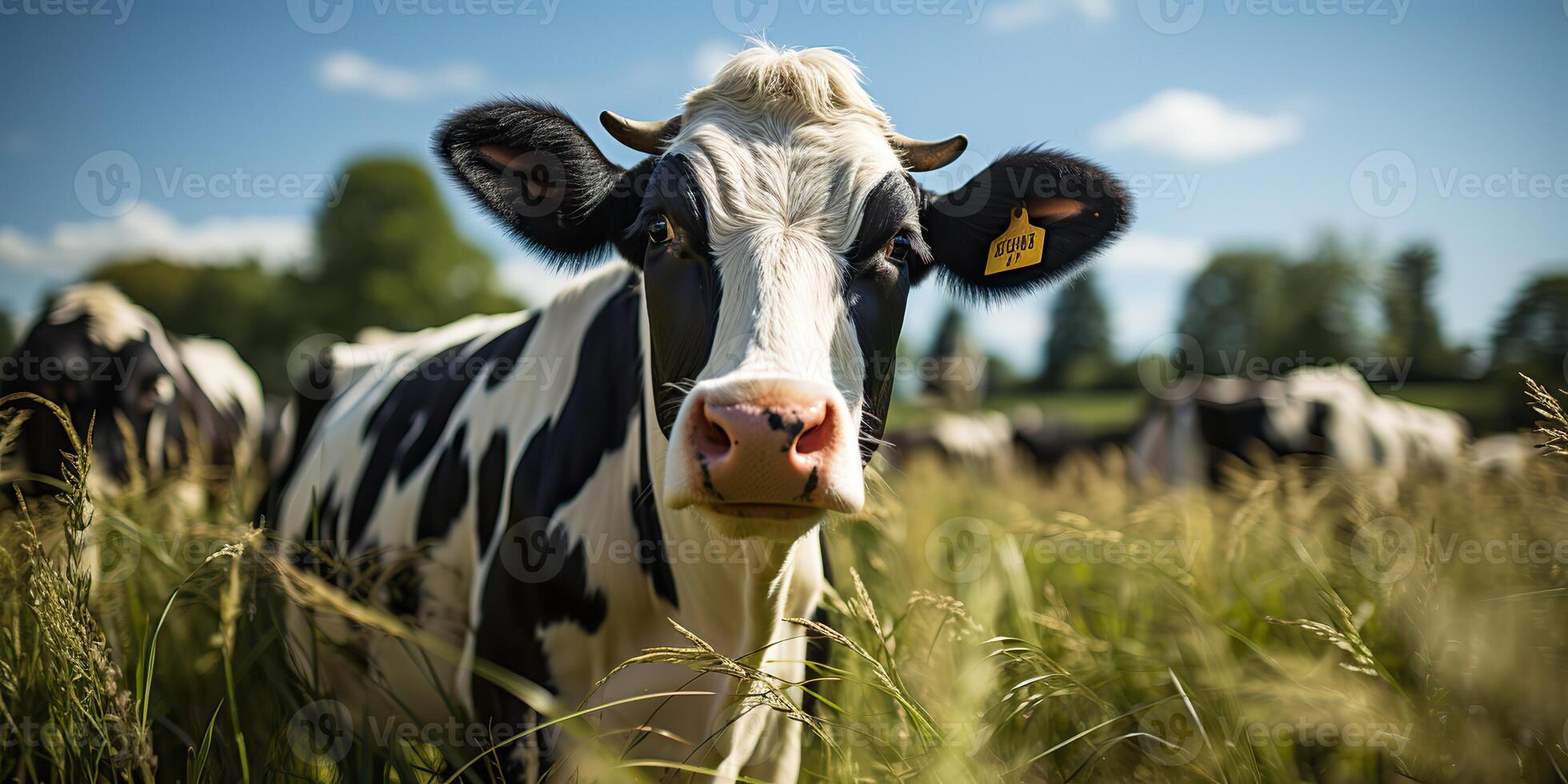 ai generato. ai generativo. mucca animale viso frontale divertente ritratto a verde campo azienda agricola. paesaggio agricoltura natura all'aperto villaggio vivere stile. grafico arte foto