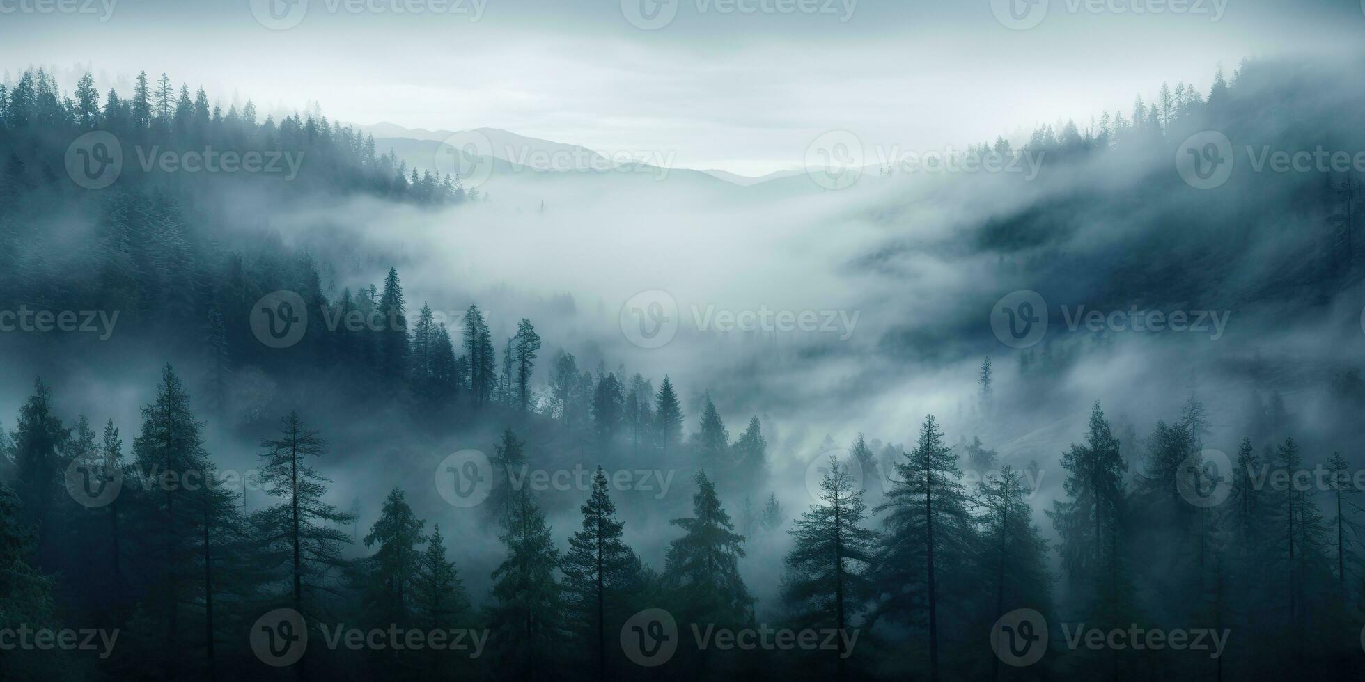 ai generato. ai generativo. avventura all'aperto natura nebbia nebbia nuvole foresta alberi paesaggio sfondo selvaggio Esplorare. grafico arte foto