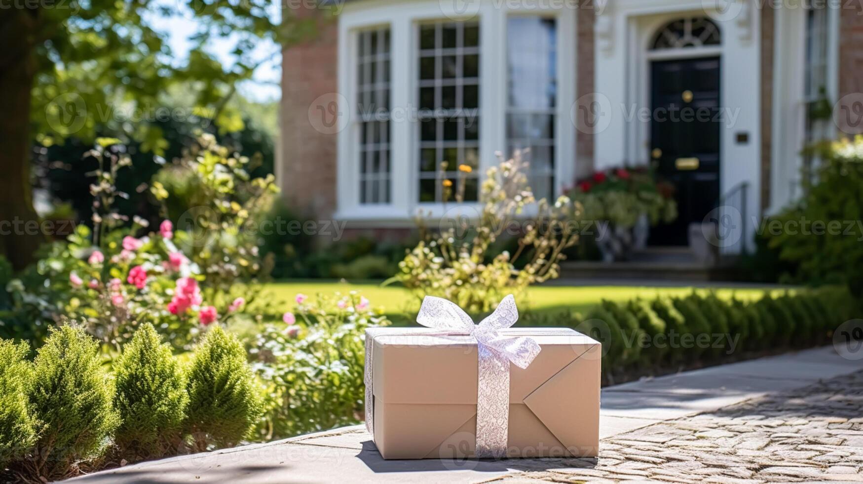 elegante regalo negozio consegna, postale servizio e lusso in linea acquisti, pacco scatola con un' arco su un' Casa gradino della porta nel il campagna, generativo ai foto