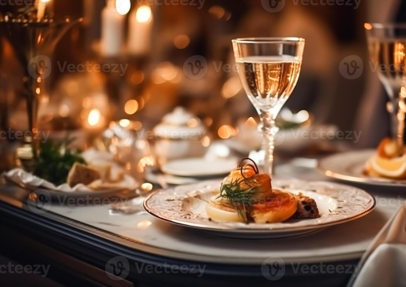 lusso cibo servizio, antipasti e dolci servito a un' ristorante o formale cena evento nel classico inglese stile nel il lussuoso Hotel o nazione proprietà, generativo ai foto