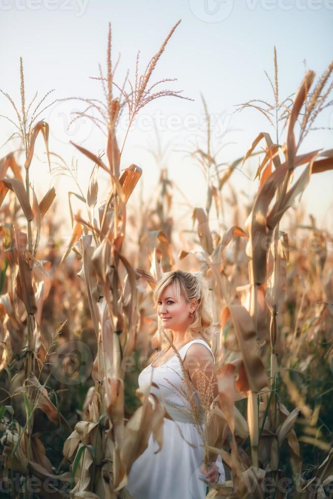 donna in un abito lungo estivo bianco cammina su un campo di grano e posa nell'ora del tramonto. foto