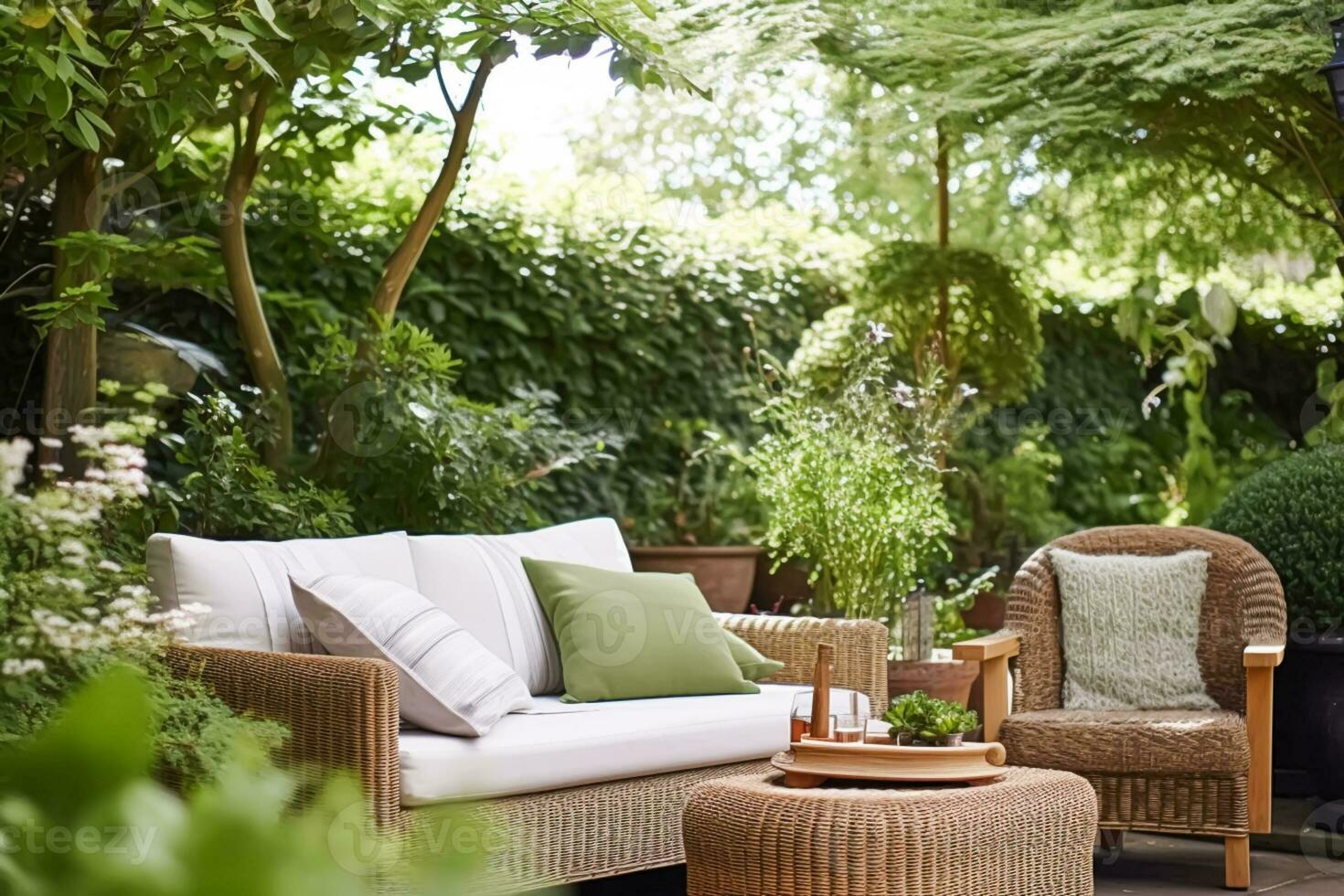 giardino sala, all'aperto mobilia e campagna Casa terrazza arredamento con divano e tavolo, nazione Villetta stile paesaggio disegno, generativo ai foto