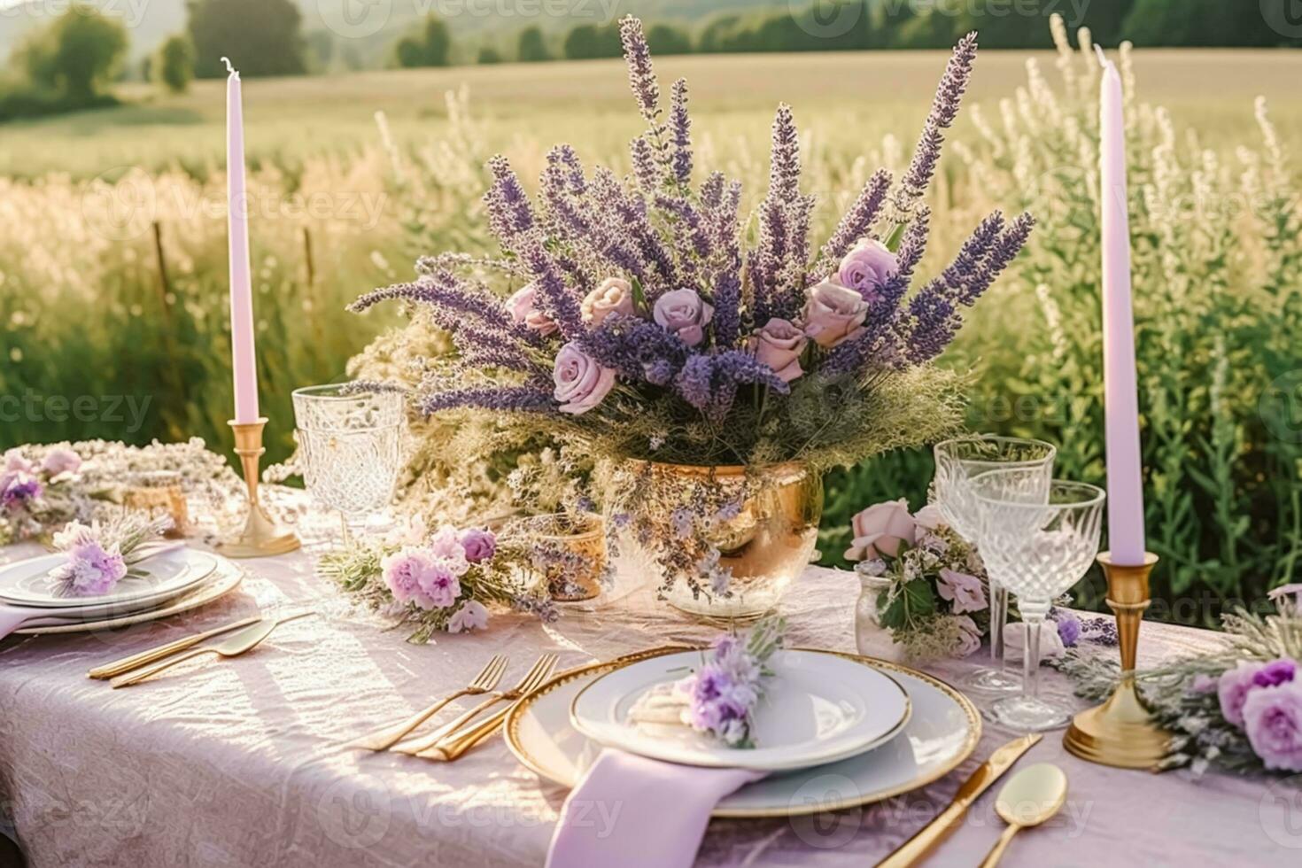 nozze tavolozza, elegante formale cena tavolo ambientazione, tavolo fuga con lavanda decorazione per vacanza festa evento celebrazione, generativo ai foto