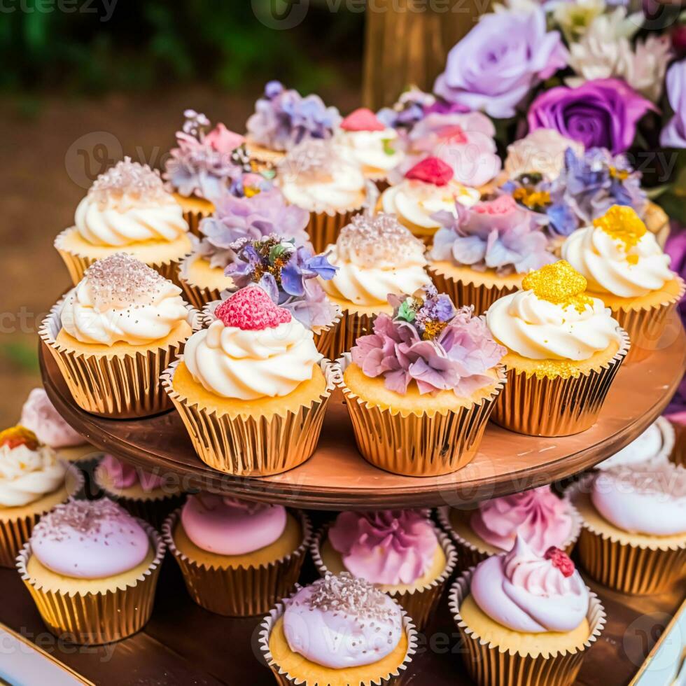 cupcakes, torte, panetti e muffin e vacanza decorazione all'aperto a il inglese nazione stile giardino, dolce dolci per nozze, compleanno o festa celebrazione, generativo ai foto