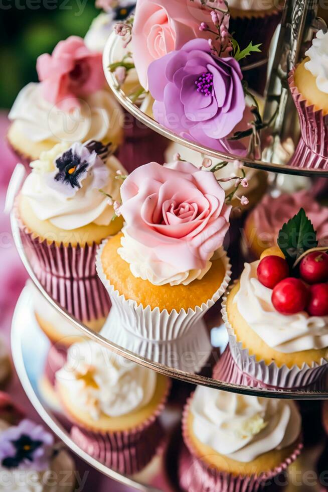 cupcakes, torte, panetti e muffin e vacanza decorazione all'aperto a il inglese nazione stile giardino, dolce dolci per nozze, compleanno o festa celebrazione, generativo ai foto