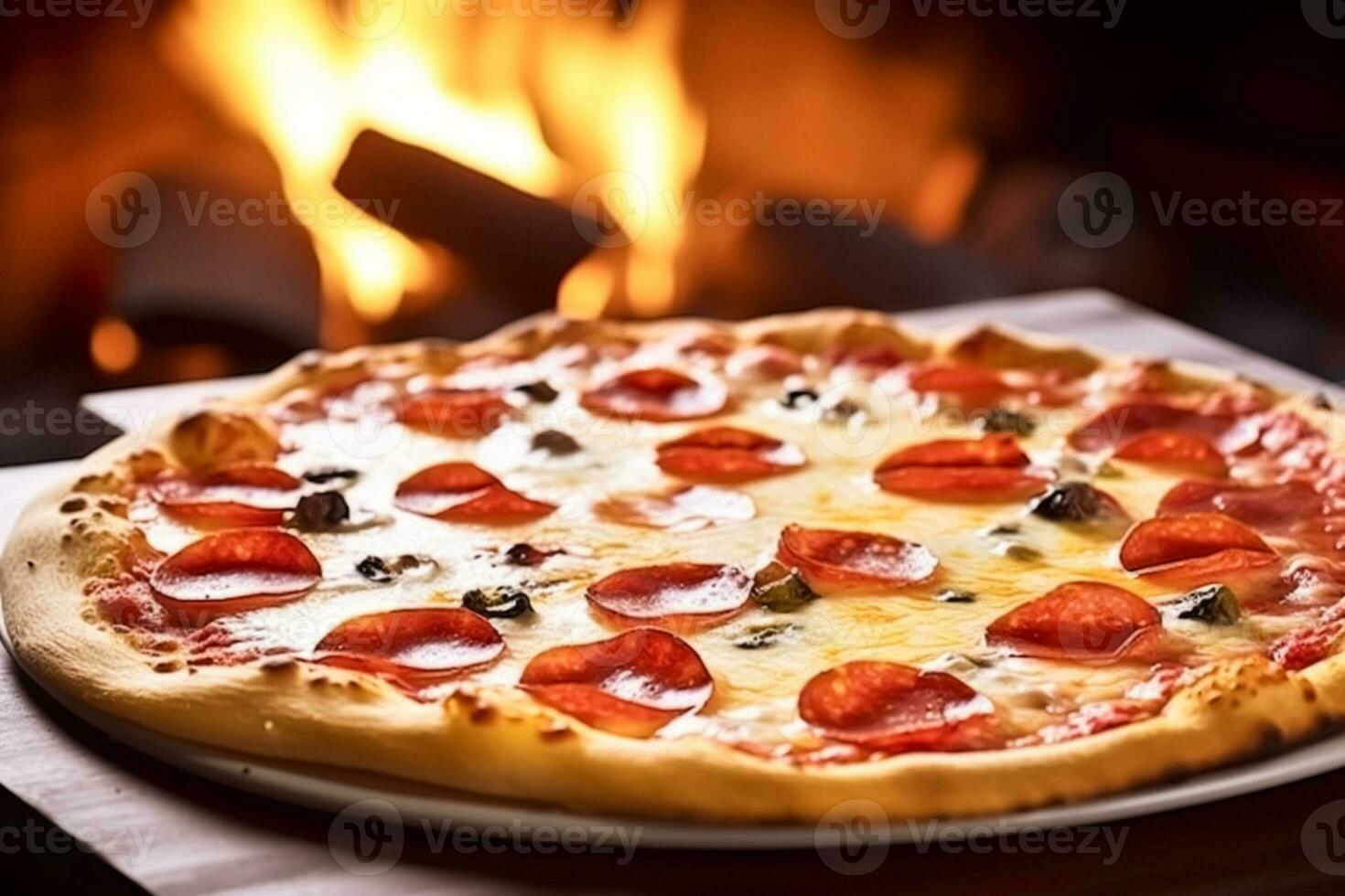 Pizza capricciosa fatti in casa con fuoco nel il forno, in linea consegna a partire dal pizzeria, prendere lontano e italiano veloce cibo, generativo ai foto