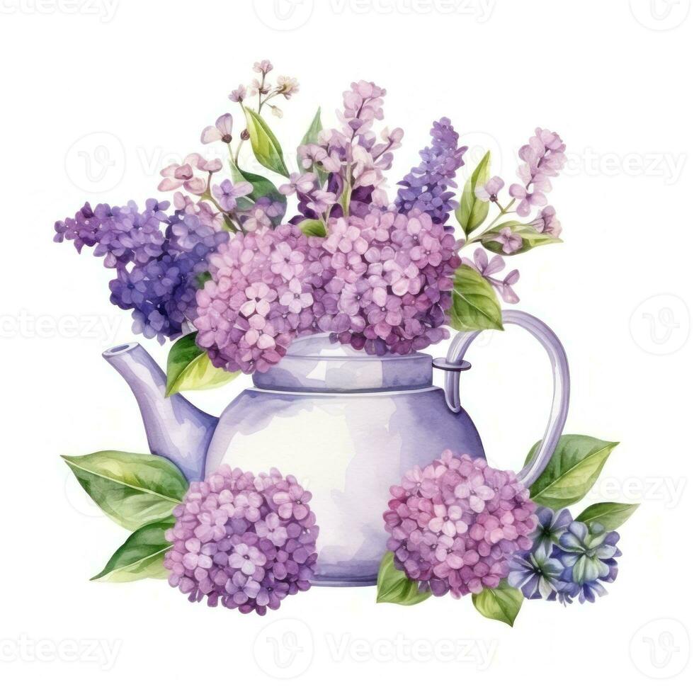acquerello teiera con fiori isolato foto
