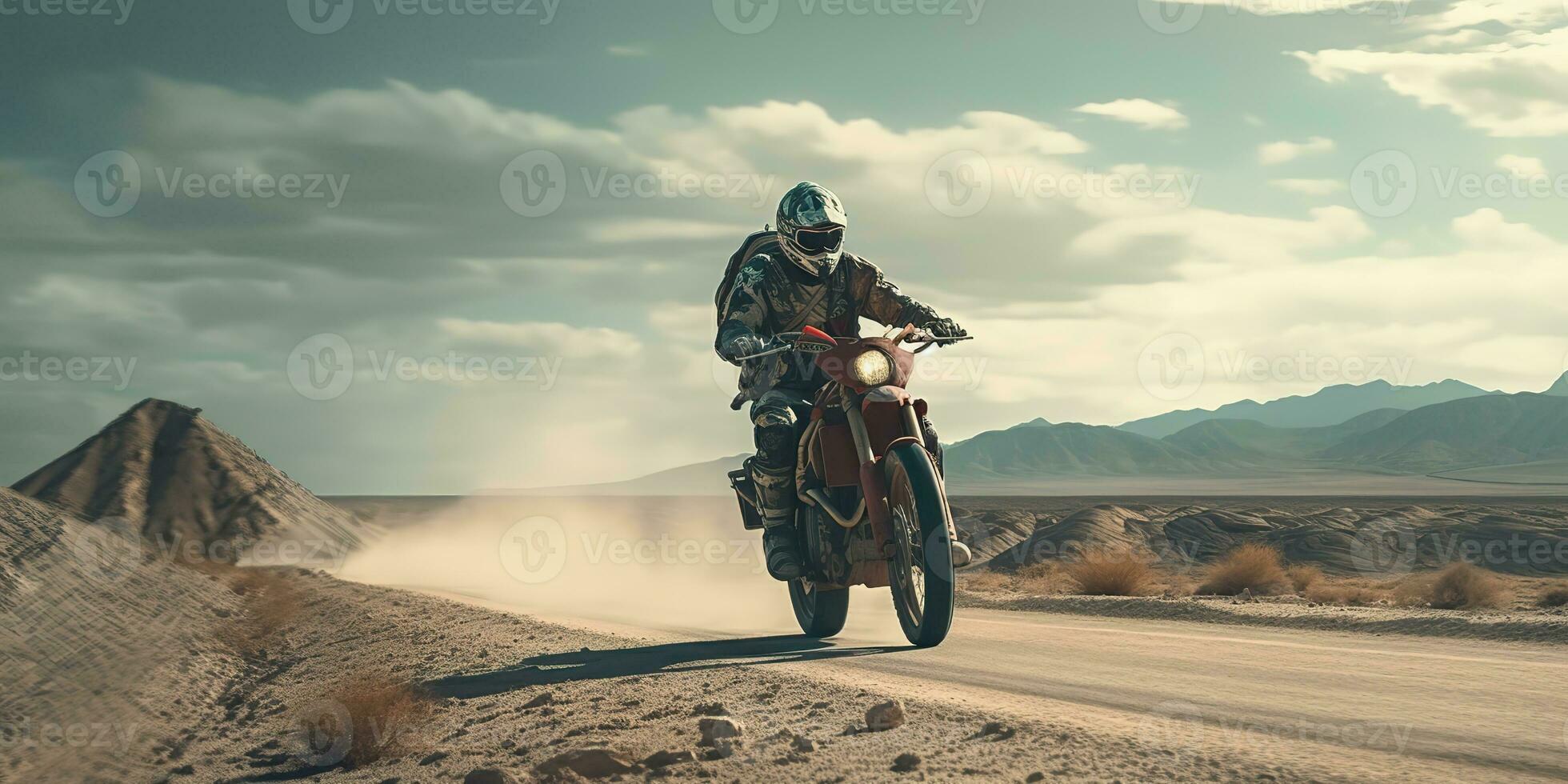 ai generato. ai generativo. deserto sabbia strada montagna bicicletta motociclo attraversare futuristico. avventura viaggio strada mossa vibrazione. grafico arte foto