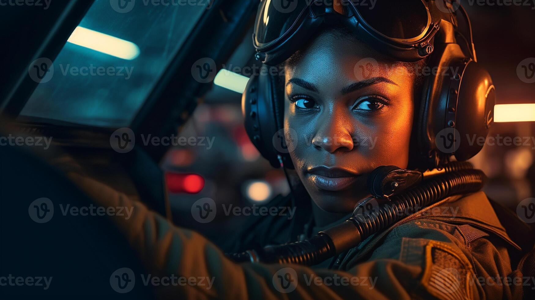 orgoglioso africano americano femmina aria vigore combattente pilota nel il cabina di pilotaggio di sua combattente Jet - generativo ai. foto