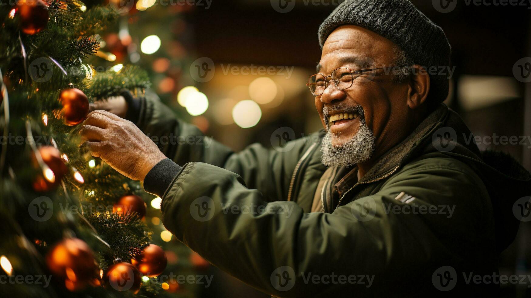 contento anziano adulto asiatico uomo decorazione il Natale albero - generativo ai. foto