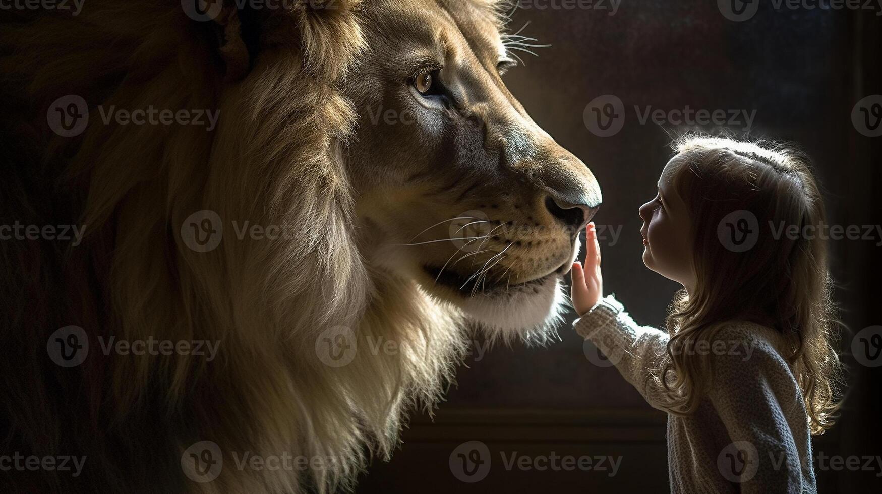 profilo di un' impavido giovane femmina bambino delicatamente toccante il viso di un' molto grande Leone - generativo ai. foto