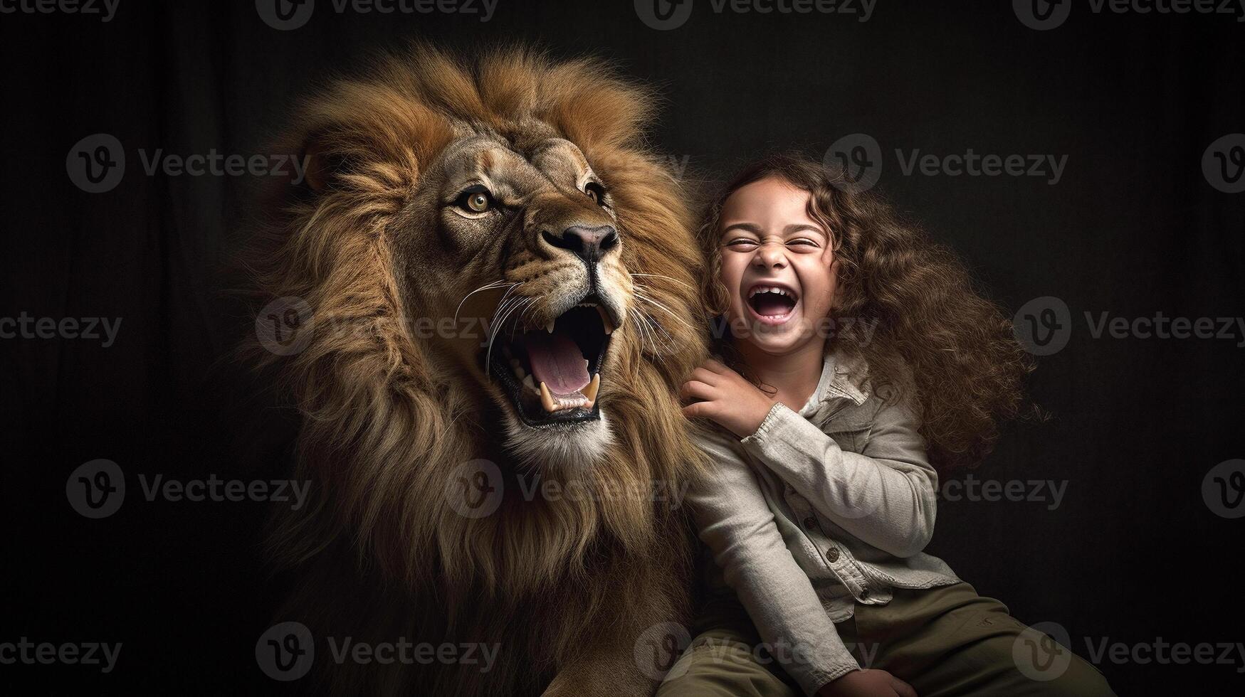 impavido femmina bambino ridendo come lei si siede Il prossimo per un' molto grande ruggente Leone seduta Il prossimo per sua - generativo ai. foto