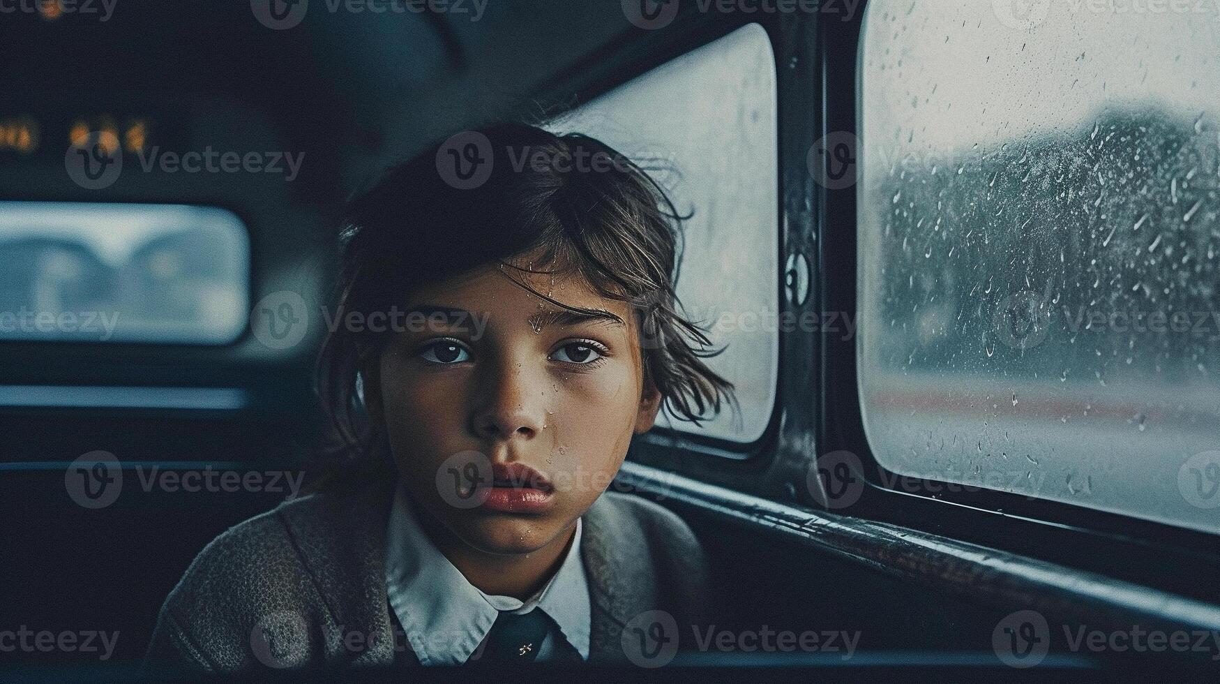 triste, paura, solitario e freddo bambino si siede su un' scuola autobus solo - generativo ai. foto