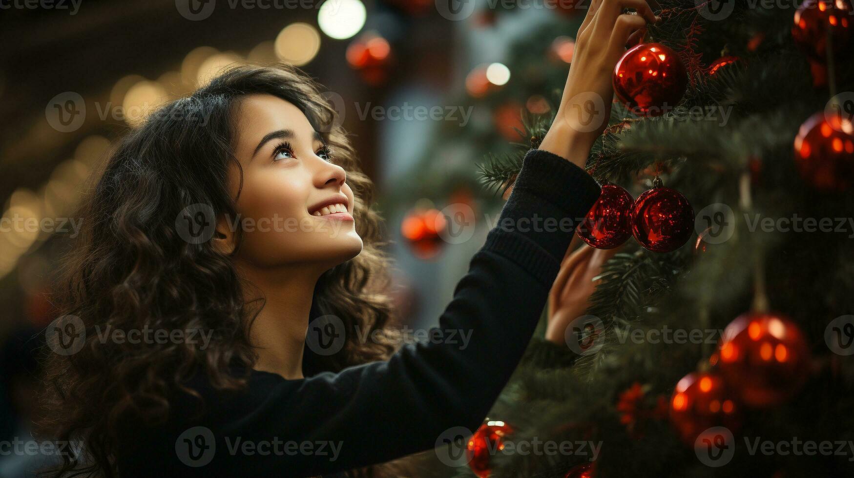 contento giovane adulto donna decorazione il Natale albero - generativo ai. foto