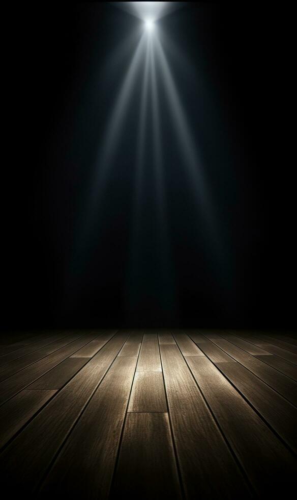 vuoto buio palcoscenico con riflettore anno Domini di legno pavimento foto