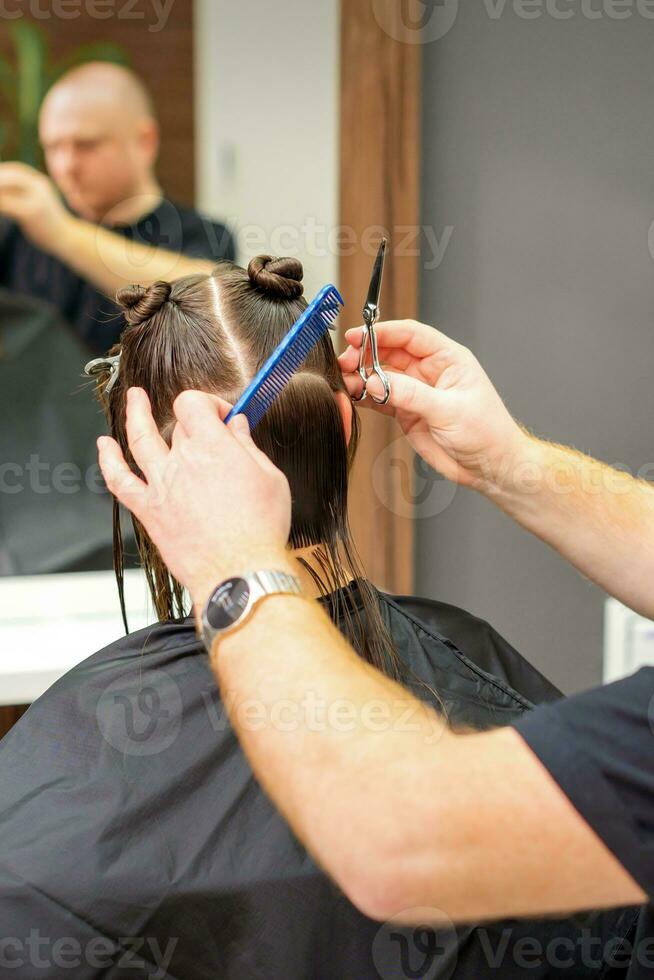 maschio stilista taglio il capelli di femmina cliente nel professionale bellezza salone. foto