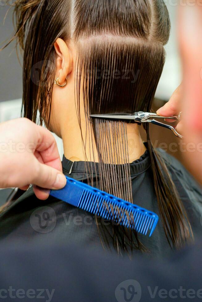 il maschio parrucchiere tagli indietro femmina del cliente capelli con forbici e pettine nel un' bellezza salone. foto