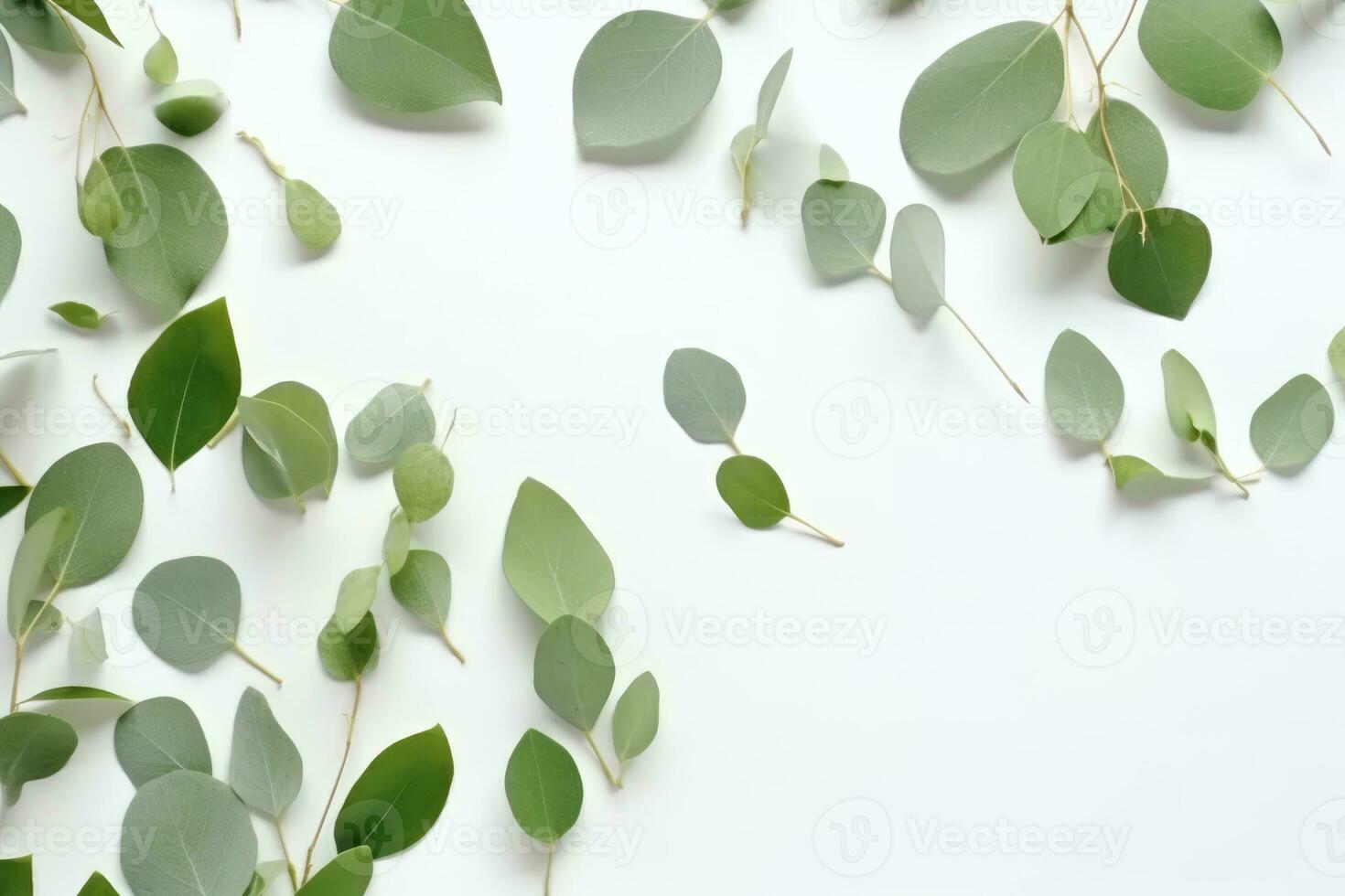 eucalipto le foglie su bianca sfondo. piatto posizione, superiore Visualizza, copia spazio. foto