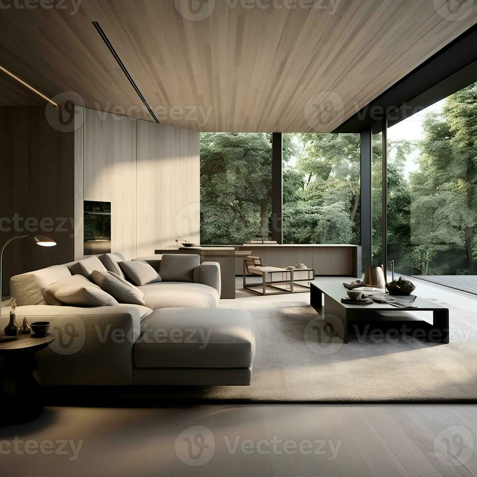 un' moderno vivente camera con di legno muri e pavimentazione ai generativo foto