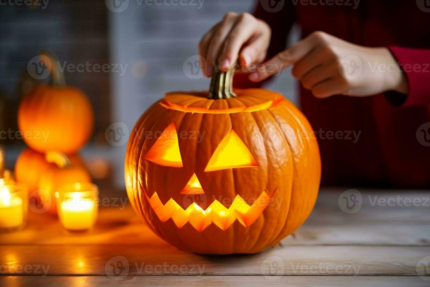 donna mani intaglio un' grande arancia zucca. Halloween decorazione. generativo ai foto