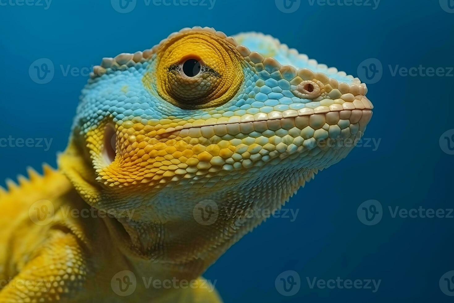 avvicinamento di un' giallo camaleonte lucertola su un' blu sfondo. generativo ai foto