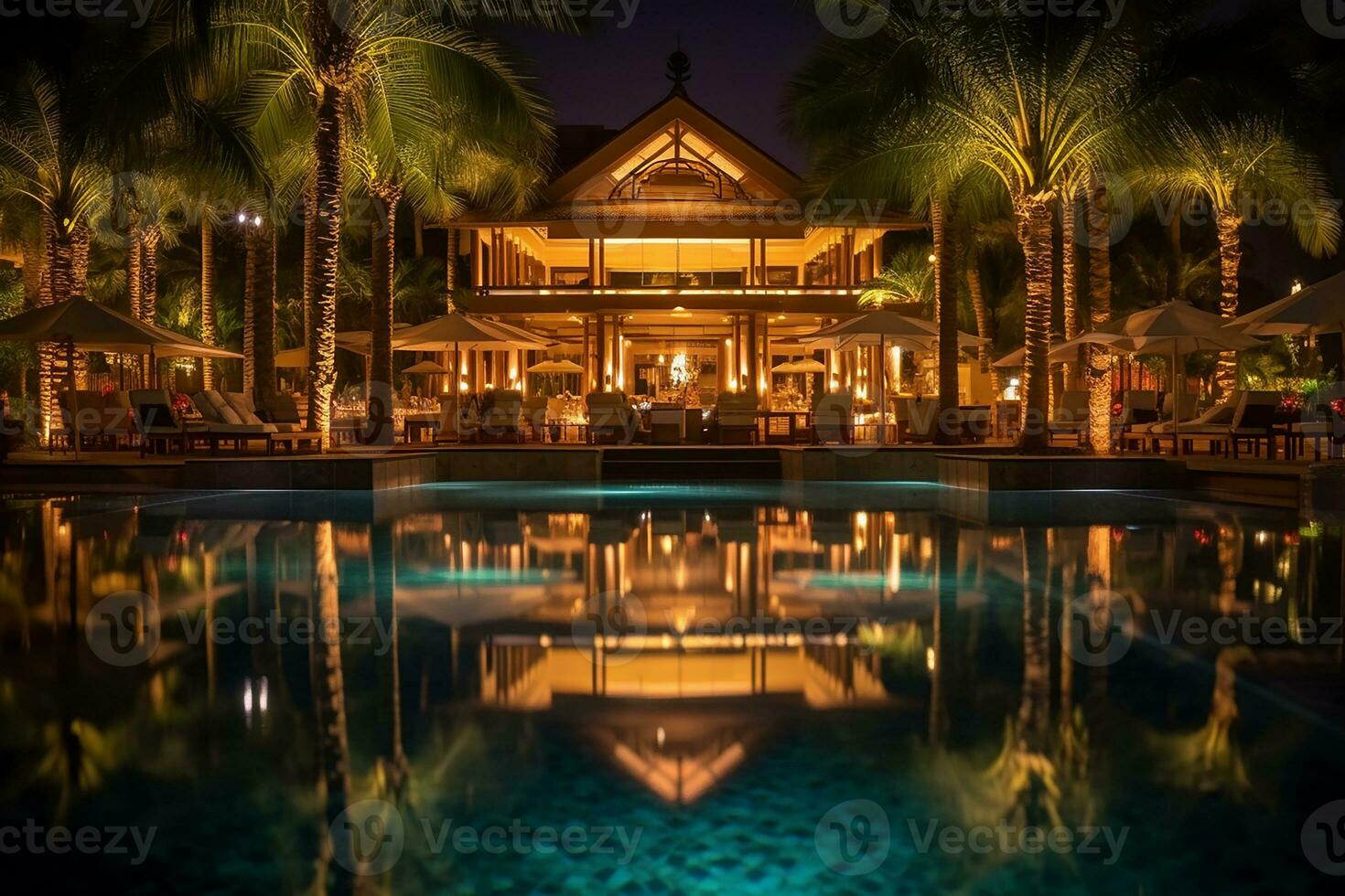 lusso ricorrere Hotel con nuoto piscina e natura Visualizza rilassante posto per vacanza a notte foto
